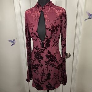 Missguided Velvet Burnout Floral Keyhole Mini Dress Burgundy Size L